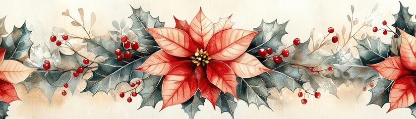Fototapeta premium A beautiful arrangement of poinsettias and holly leaves, perfect for holiday decorations and festive themes.