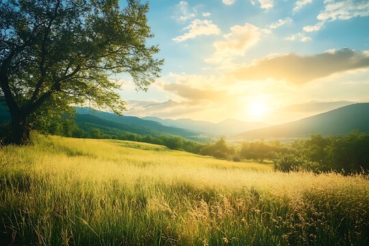 Sunrise over rolling hills and a meadow with a single tree