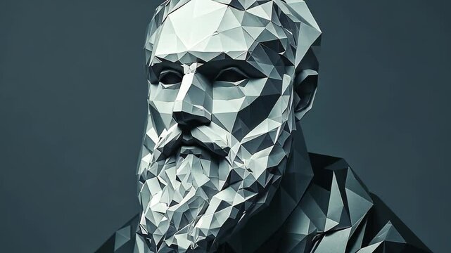 Polygonal metallic face sculpture closeup, Modern philosopher or scholar geometric low-poly render with reflective surface