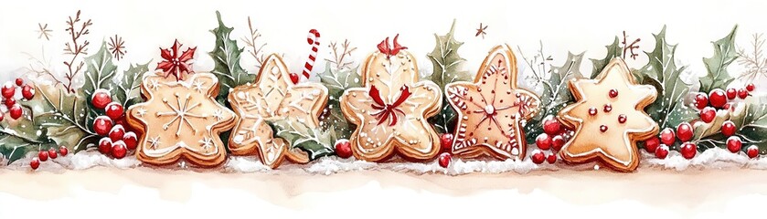 Obraz premium Deliciously decorated gingerbread cookies surrounded by festive greenery and berries, perfect for holiday celebrations.