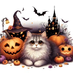 Halloween fluffy Cat Illustration,spooky,empty space	