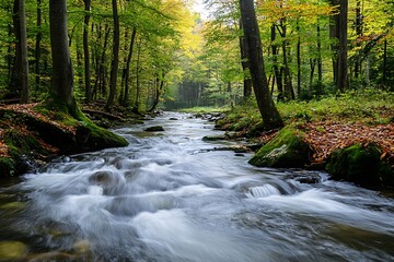 Obraz premium Tranquil forest stream flowing through lush green trees