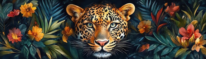 Obraz premium A stunning portrait of a leopard surrounded by vibrant tropical flowers and lush foliage, showcasing the beauty of wildlife.