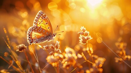 A butterfly is sitting on a patch of tall grass, generative ai