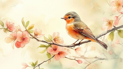 Fototapeta premium A charming bird perched on a blossoming branch, surrounded by soft pastel hues, capturing the essence of spring and nature's beauty.