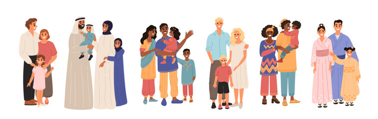 Cartoon happy families. Different nationalities people. Children standing together with parents. Indian couple. Africans group. Scandinavian ethnicity. European persons. Garish vector set