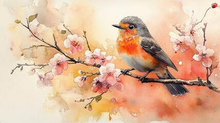 Fototapeta premium A vibrant watercolor of a bird perched on a flowering branch, showcasing nature's beauty in soft pastel hues.