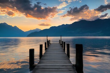 Obraz premium Wooden pier extending into a calm lake at sunset with mountain range in the background