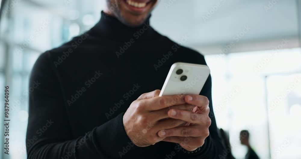 Poster business, man and hands with smartphone for typing text message, funny email notification or mobile 
