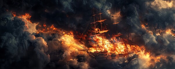 Intense fire burning a ship, surrounded by ominous black clouds.