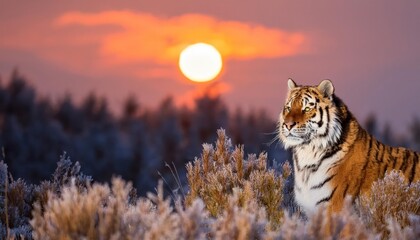 Obraz premium High quality photo. male Siberian tiger (Panthera tigris tigris) in the bush in the red sun