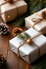 Holiday Presents and Fir Branches with Pine Cones on Dark Wooden Background