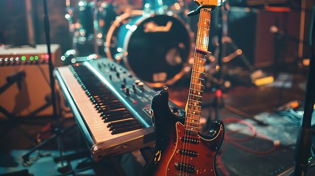 An electric guitar prominently displayed with drums and keyboards on a vibrant stage setup creating an energetic atmosphere for an unforgettable live performance experience