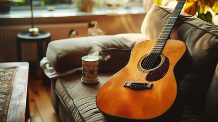 Naklejka premium An acoustic guitar resting on a cozy couch with a steaming cup of coffee on a table nearby creating the perfect setting for a relaxed practice session at home