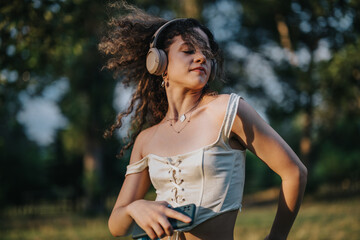 Lovely female dancer immersing herself in modern dance amidst the beauty of a sunlit park....