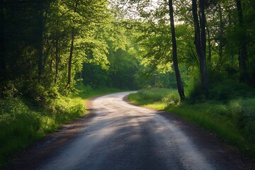 Obraz premium Sunlit winding road through lush green forest. Concept of journey, adventure, and nature