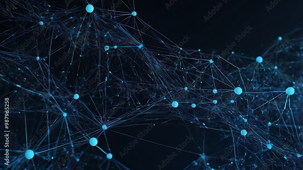Poster digital design of blue data nodes connected to each other with thin light rays on dark blue backgrou