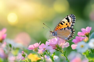 Fototapeta premium Beautiful Butterfly Perched on Pink Flowers in a Field with Sun Rays
