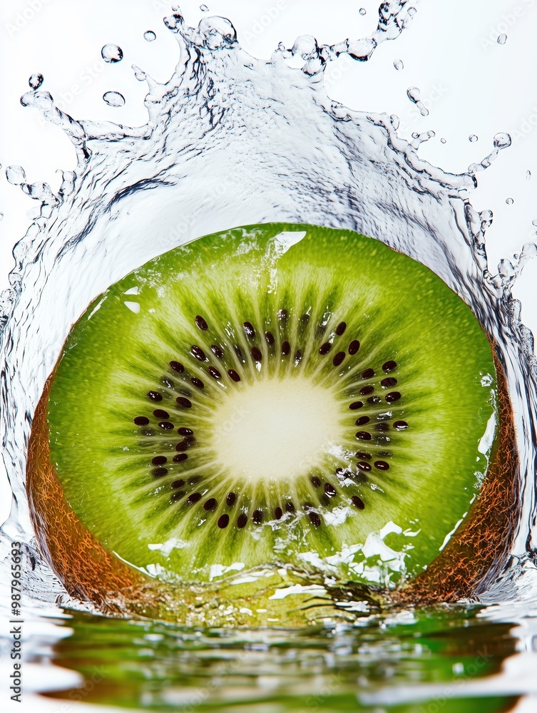 Poster close-up of a kiwi slice splashing into water, capturing the freshness and vibrant green color.