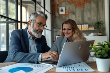 Male and female coworkers, working on a laptop in the office. Financial planning concept. High quality photo