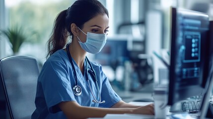 A high-resolution image of a nurse entrepreneur in a modern office, working on a business plan to launch a healthcare startup.