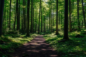 Obraz premium Sunlight streaming through the trees in a lush green forest with a path leading into the woods