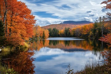 Fototapeta premium Autumn foliage reflected in a calm lake with mountains in the background.