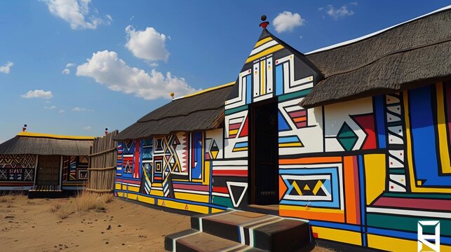 Vibrant Ndebele Tribal Architecture with Colorful Geometric Patterns