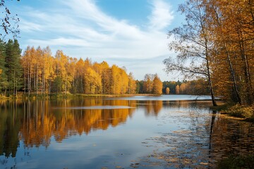Obraz premium Autumn Lake Landscape with Golden Trees Reflecting in Calm Water