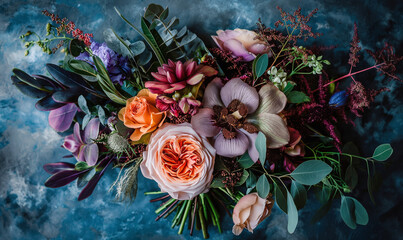 Beautiful natural floral bouquet, on a textured blue background, high quality image. Perfect for invitations and design assets. Roses dark green leaves, various flower types