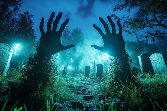Haunted graveyard, with overgrown tombstones, glowing fog, and ghostly hands reaching up from the ground