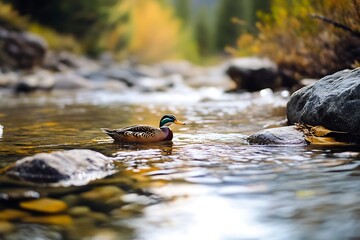 Mallard Duck Swimming in a Stream in Autumn
