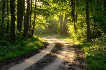 Fototapeta premium Sunlit Forest Path, Winding Dirt Road Through Lush Greenery