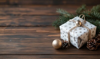 Holiday Presents and Fir Branches with Pine Cones on Dark Wooden Background