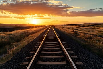 Fototapeta premium Endless railroad tracks at sunset, leading into the horizon