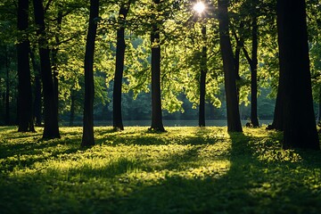 Sunlight through trees in a forest creating sunbeams and dappled light