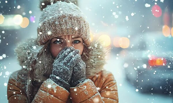 A woman in winter attire is shivering and standing outdoors, trying to stay warm