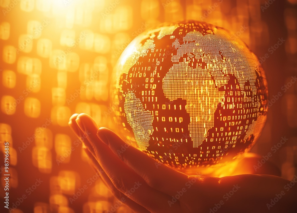 Aufkleber a hand holds a digital globe overlaid with binary code against an orange background, symbolizing glo