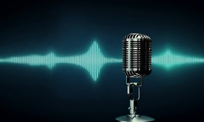 Podcast studio retro microphone with sound waves on dark background
