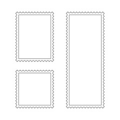 Set of blank postage stamp vector frames with perforated edges in square, rectangle and panoramic outline formats