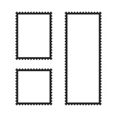 Set of blank postage stamp vector frames with perforated edges in square, rectangle and panoramic silhouette formats