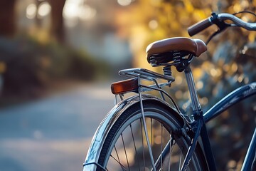 Close up of bicycle rear wheel, seat and rear light. Bike parked on sunny sidewalk.