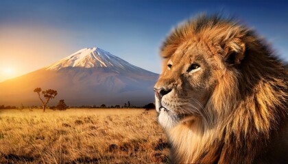 High quality photo. Lion portrait on savanna. Mount Kilimanjaro. Lion portrait on savanna 