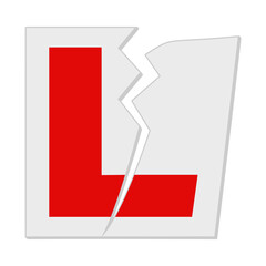 Ripped red and white L plate learner driver sign used in the USA and UK for new drivers to display on their car vector for transition to P plate concept