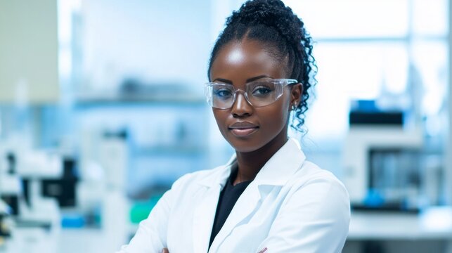 Innovative African Female Scientist, a trailblazer in academic research, embodying intellect and grace, transforming ideas into reality within a dynamic laboratory environment