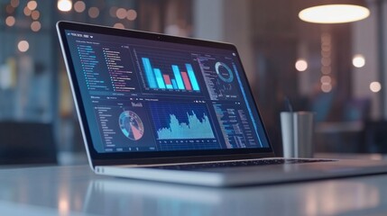 Advanced laptop showcasing cutting-edge technology, featuring a high-performance screen displaying impressive 3D statistical charts, set in a minimalist environment.