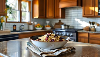 Sunlit kitchen featuring a bowl of quinoa and dried cranberries