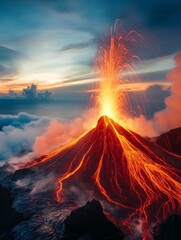 Volcanic Eruption Illuminating the Dramatic Mountainous Landscape at Sunset