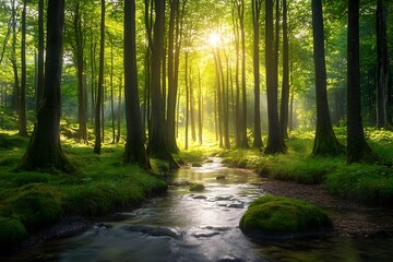 Sunlight shining through trees in a lush green forest with a flowing stream