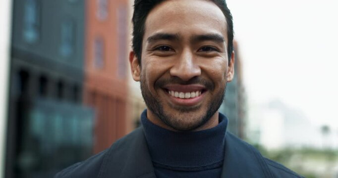Man, face and smile in city for business, career growth and investment opportunity with coffee. Portrait, investor and happy in Puerto Rico for property development, student housing project and pride